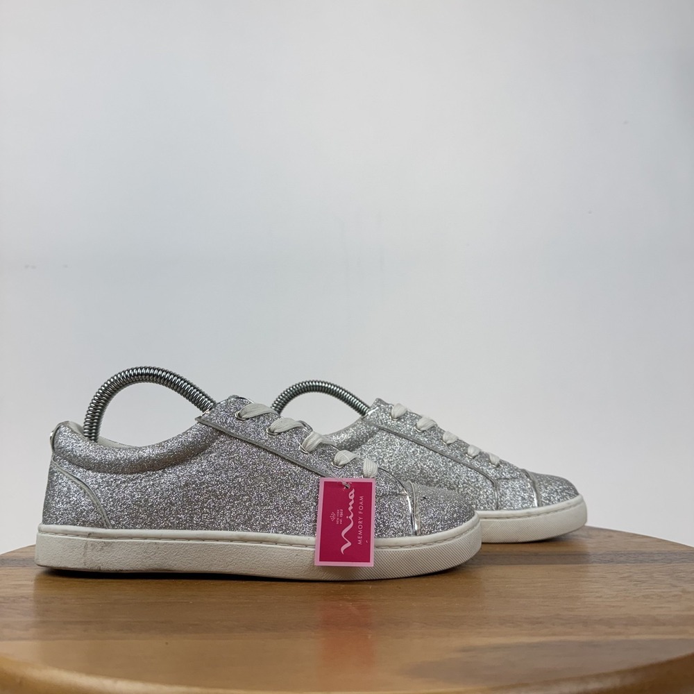 New Big Kids Nina Silver‎ Glitter Low Top Cap Toe Casual Sneakers Shoes Size 5 Y